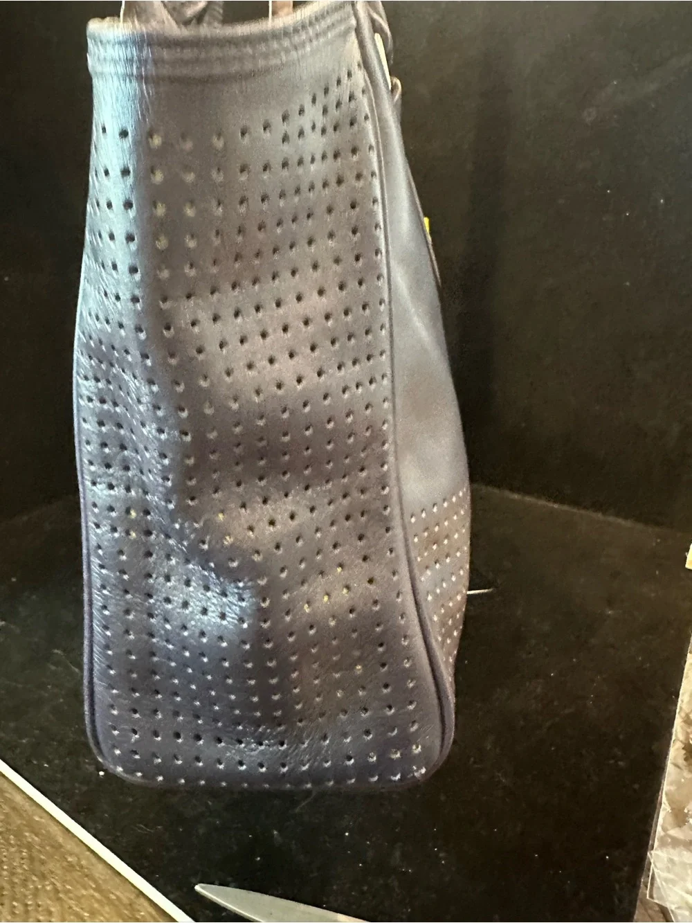 Coach#348 Legacy  Candance Perforated Navy Leather Satchel with Yellow Tassel